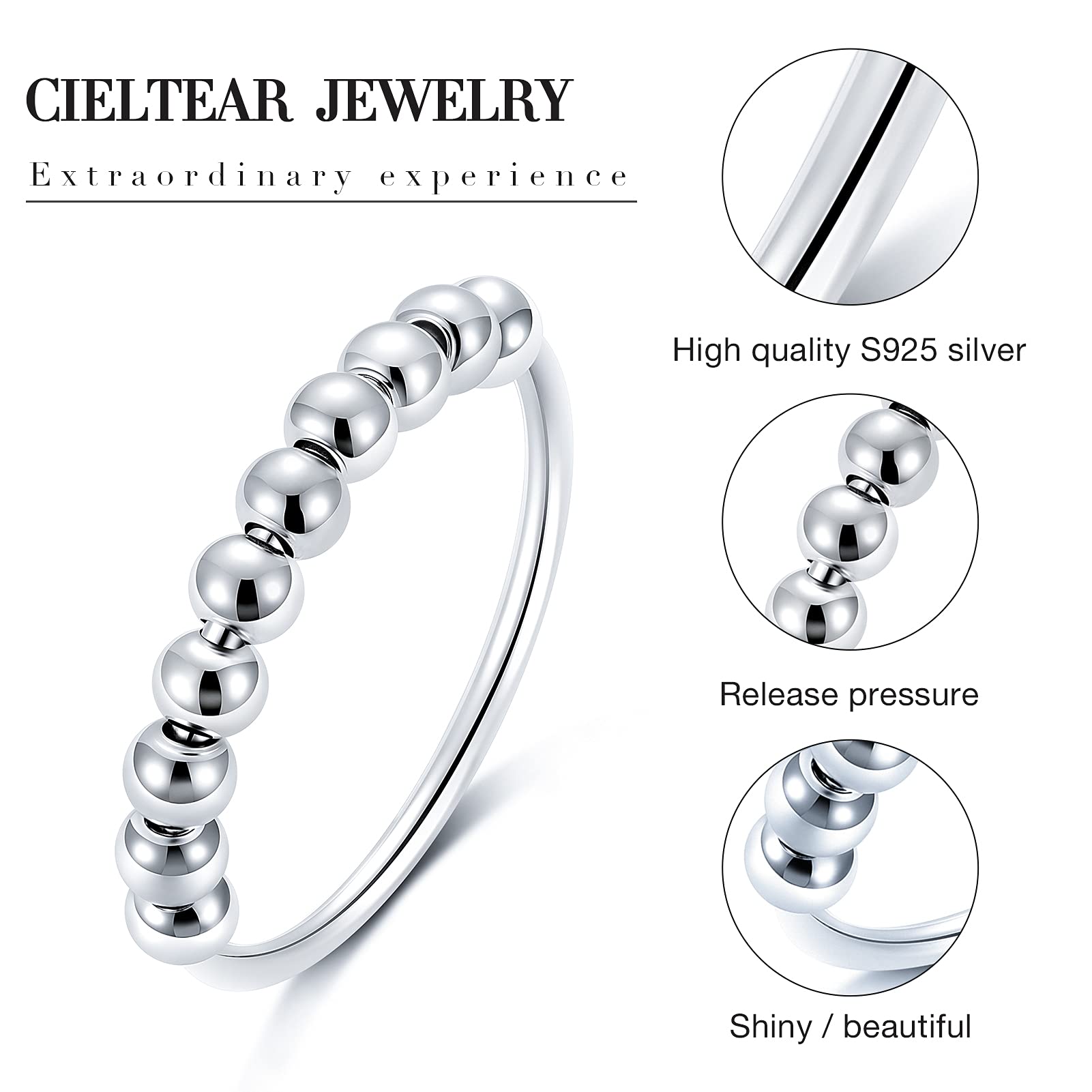 CIELTEAR 925 Sterling Silver Fidget Ring – Spinner Ring for Anxiety Relief, Unisex Jewelry