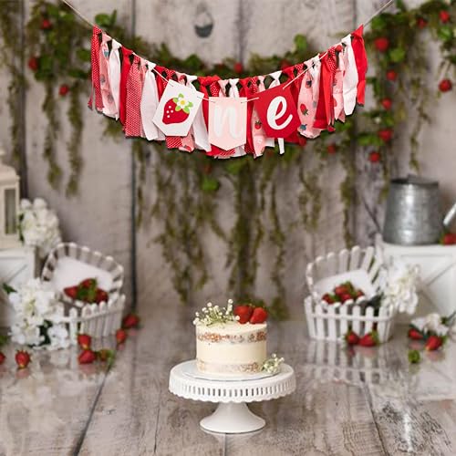 CIEQR Strawberry High Chair Banner – Berry First Birthday Decor, 80x9 Inch Cloth Banner for Cake Smash & Party