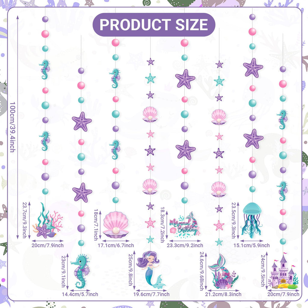 Cindeer 8-Piece Mermaid Under the Sea Garland Set - Ocean Party Decorations with Jellyfish, Starfish, and Mermaids