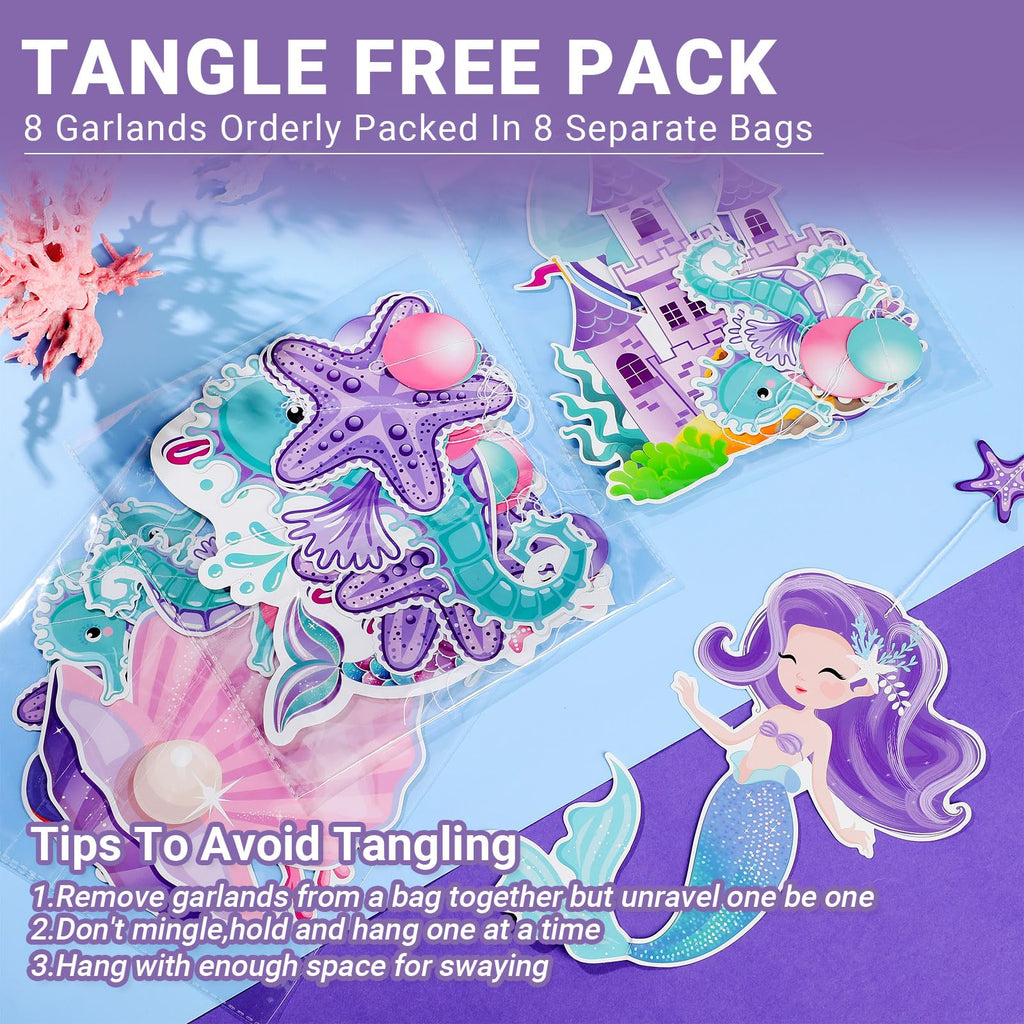 Cindeer 8-Piece Mermaid Under the Sea Garland Set - Ocean Party Decorations with Jellyfish, Starfish, and Mermaids