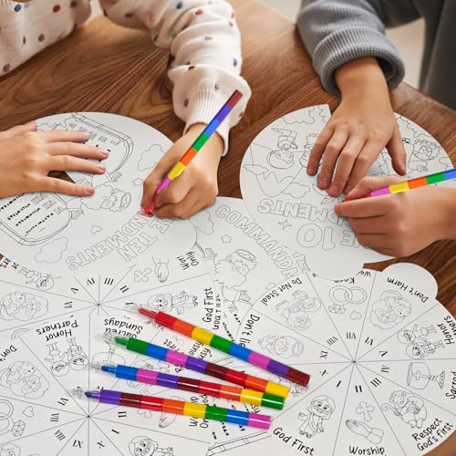 Cinrobiye Ten Commandments Coloring Wheel Craft Kit – 48 Cards, 3 Patterns, Crayons & Pins for Sunday School & VBS