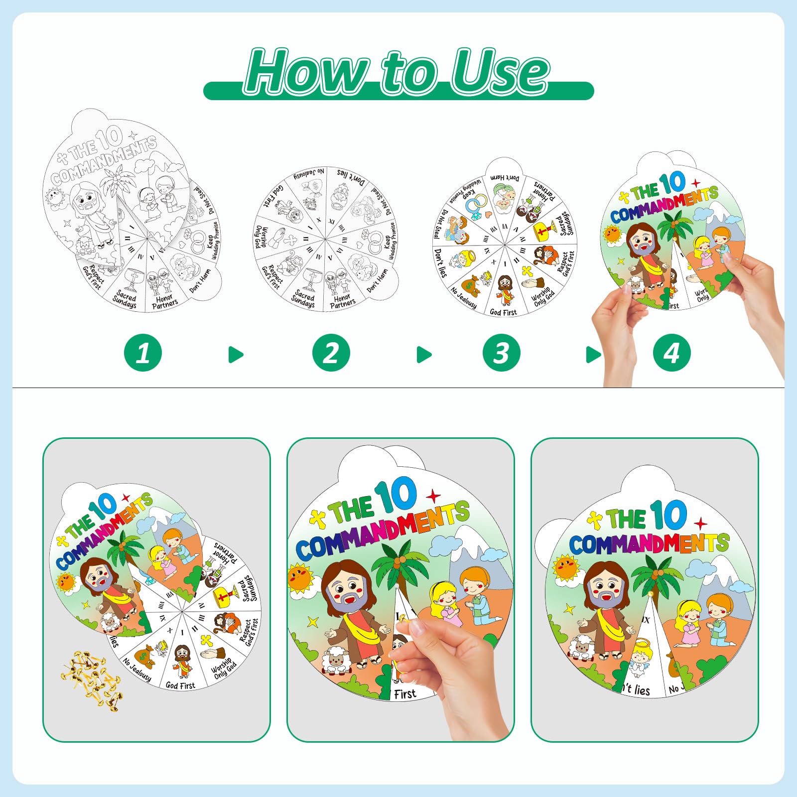 Cinrobiye Ten Commandments Coloring Wheel Craft Kit – 48 Cards, 3 Patterns, Crayons & Pins for Sunday School & VBS