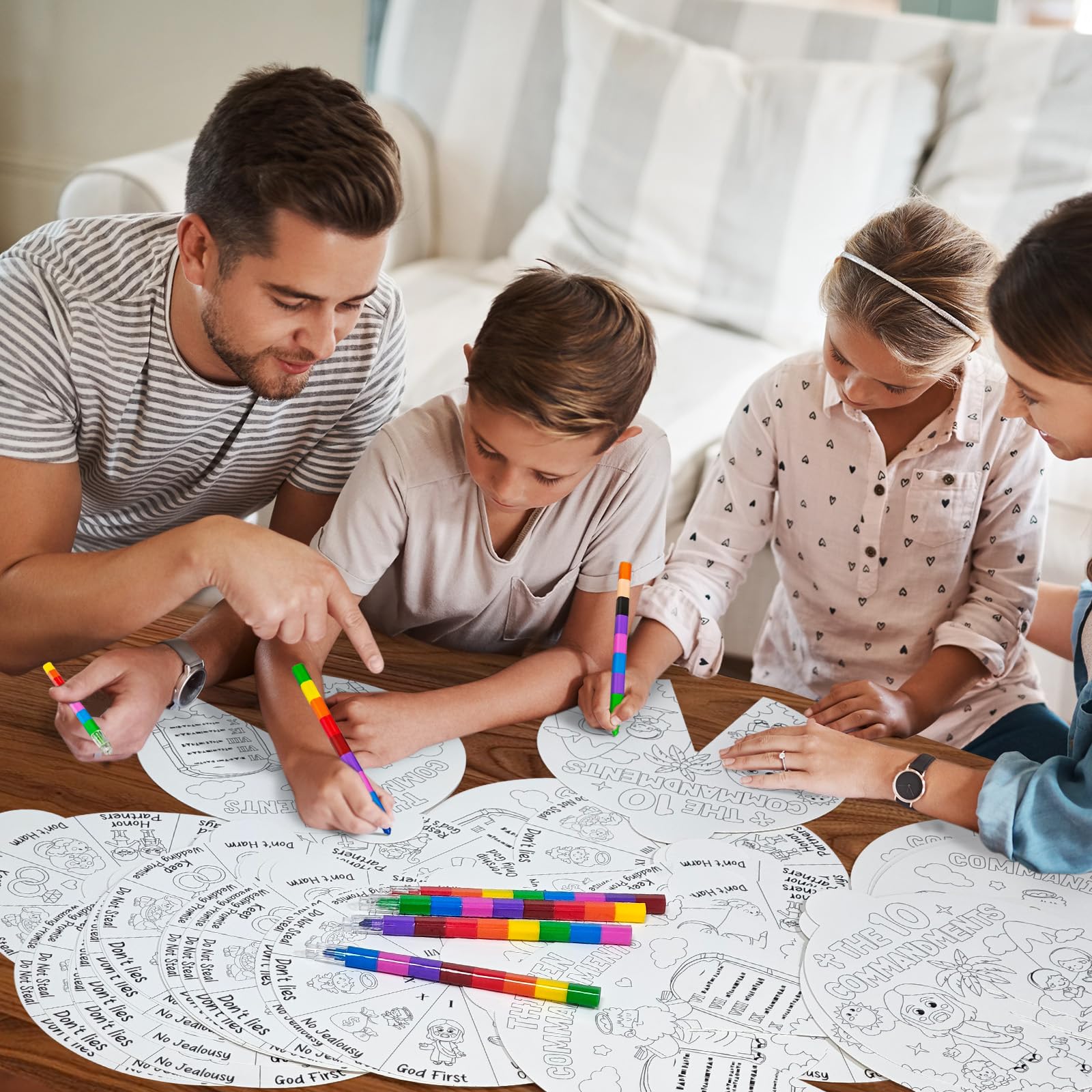Cinrobiye Ten Commandments Coloring Wheel Craft Kit – 48 Cards, 3 Patterns, Crayons & Pins for Sunday School & VBS