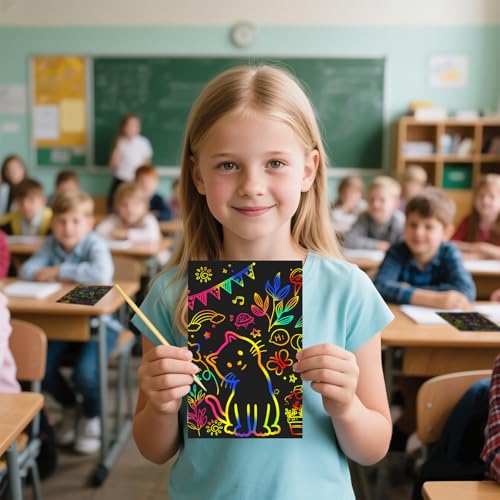 Cityrosy Rainbow Scratch Paper 120-Piece Set - 80 Sheets & 40 Bamboo Stylus Pens for Kids Ages 3-12