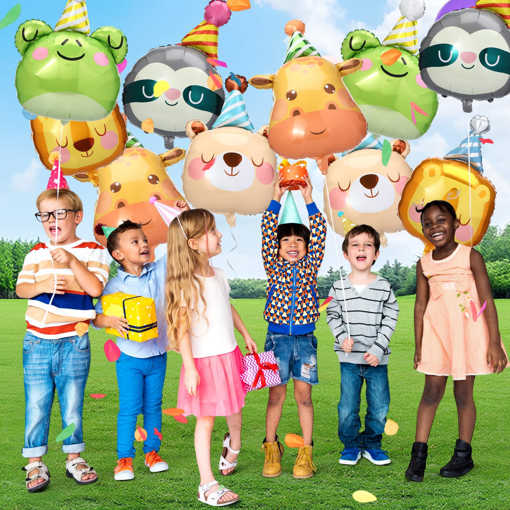 Civaner 10-Pack Jungle Safari Animal Foil Balloons - Bear, Giraffe, Lion, Frog, Sloth - Aluminum Foil Balloons for Birthday, Baby Shower, Gender Reveal Party Decor