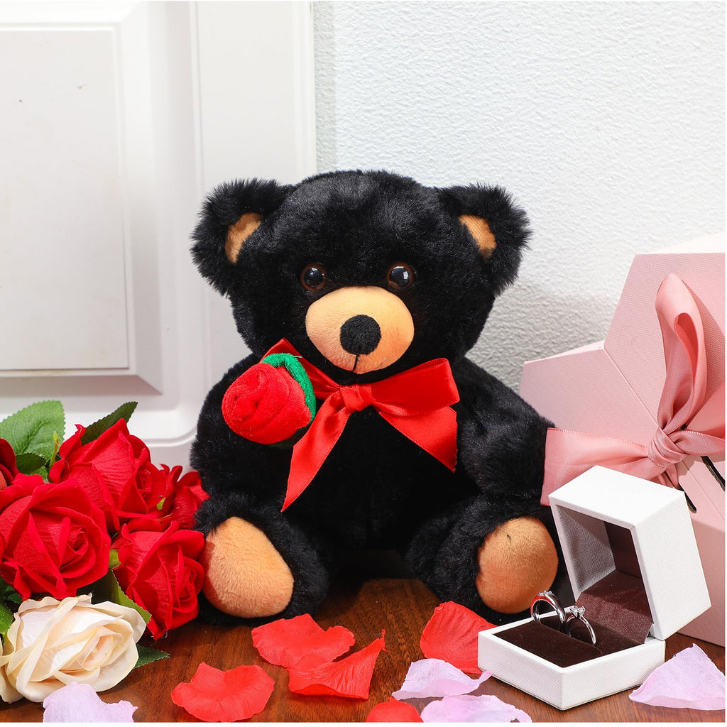 Civaner 11.8-Inch Black Bear Plush with Rose – Soft Stuffed Animal for Gifting