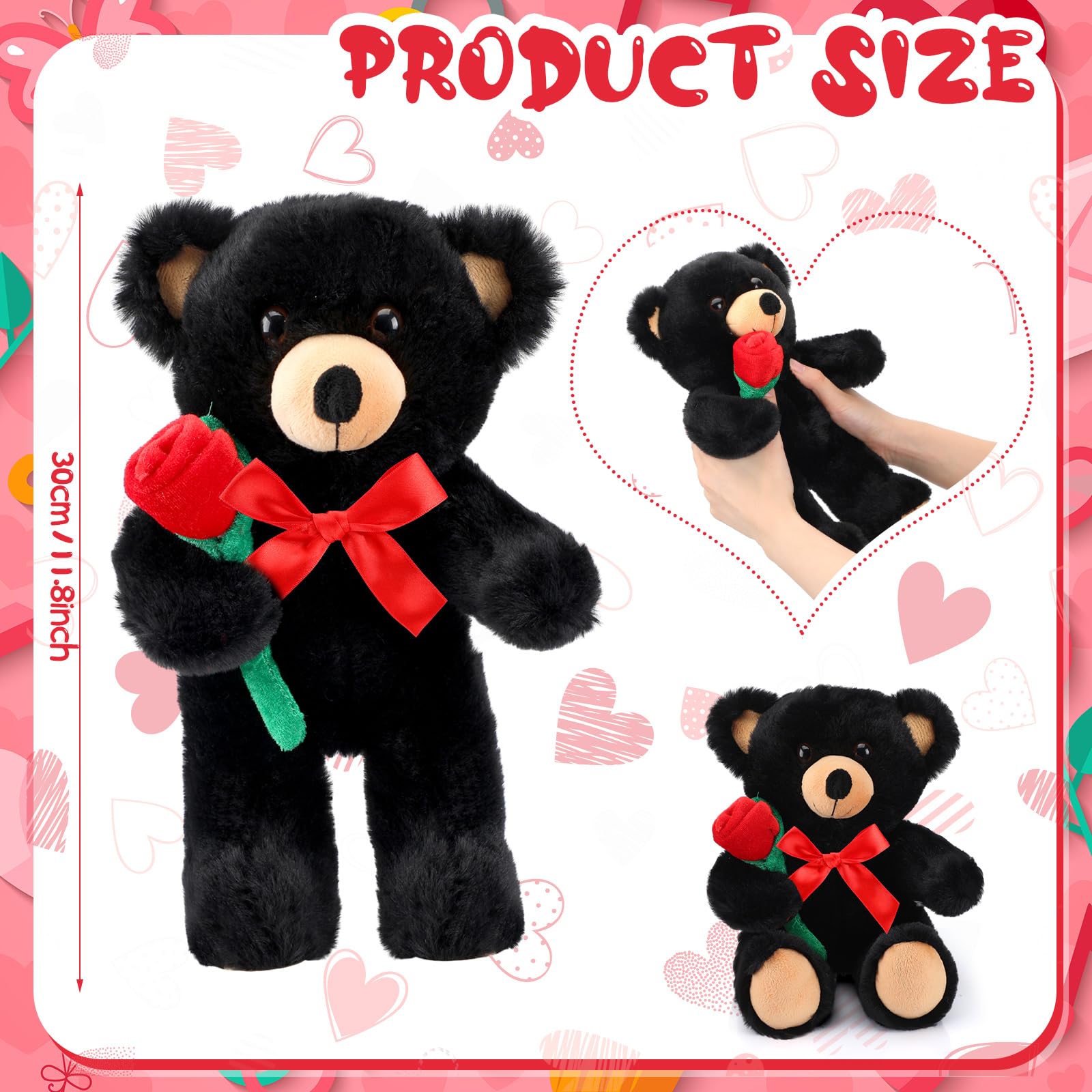 Civaner 11.8-Inch Black Bear Plush with Rose – Soft Stuffed Animal for Gifting