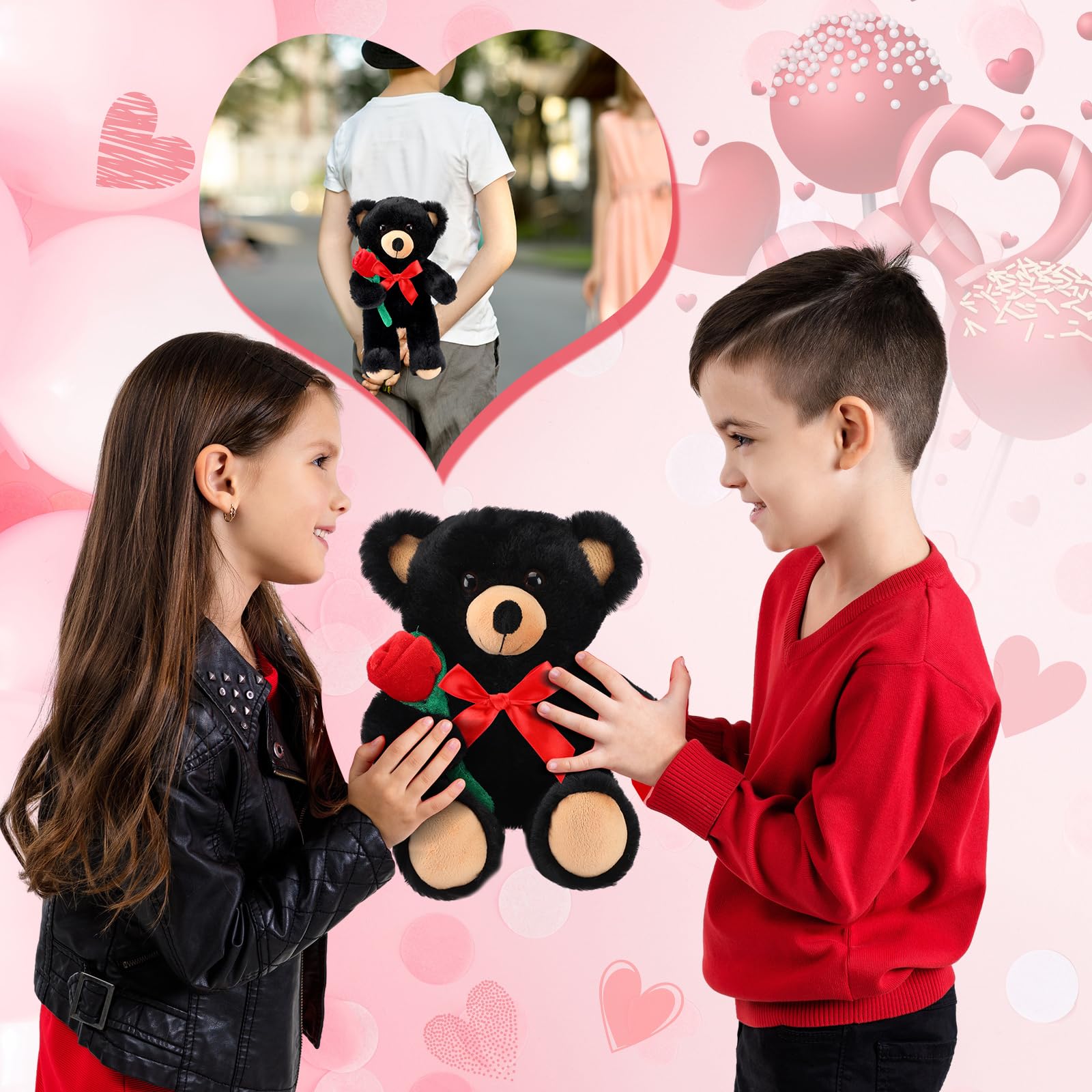 Civaner 11.8-Inch Black Bear Plush with Rose – Soft Stuffed Animal for Gifting