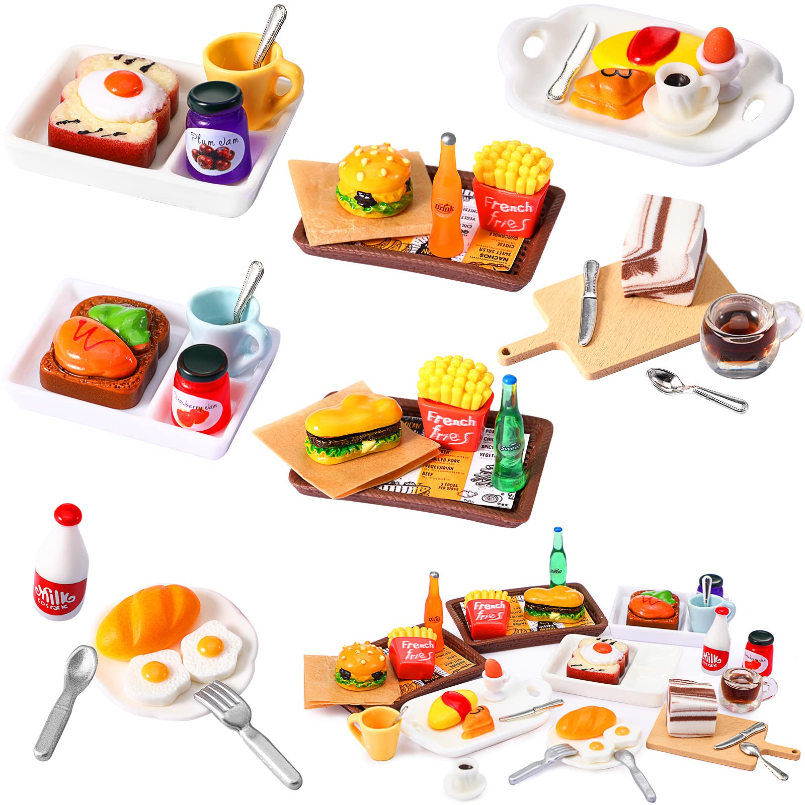 Civaner 38-Piece Miniature Food Toy Set for Dollhouse - Resin Fast Food Playset with Burgers, Fries, and Drinks