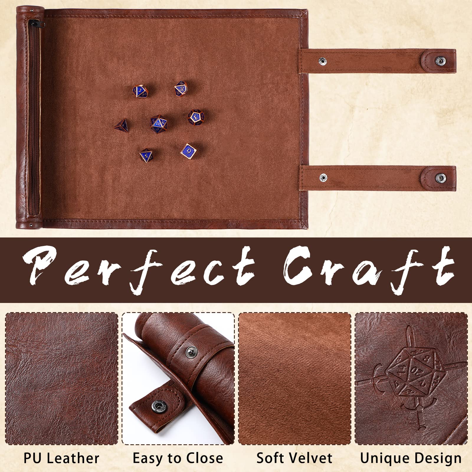 Civaner PU Leather Dice Mat Tray - Folding Rolling Mat with Zipper, Brown (1-Pack)