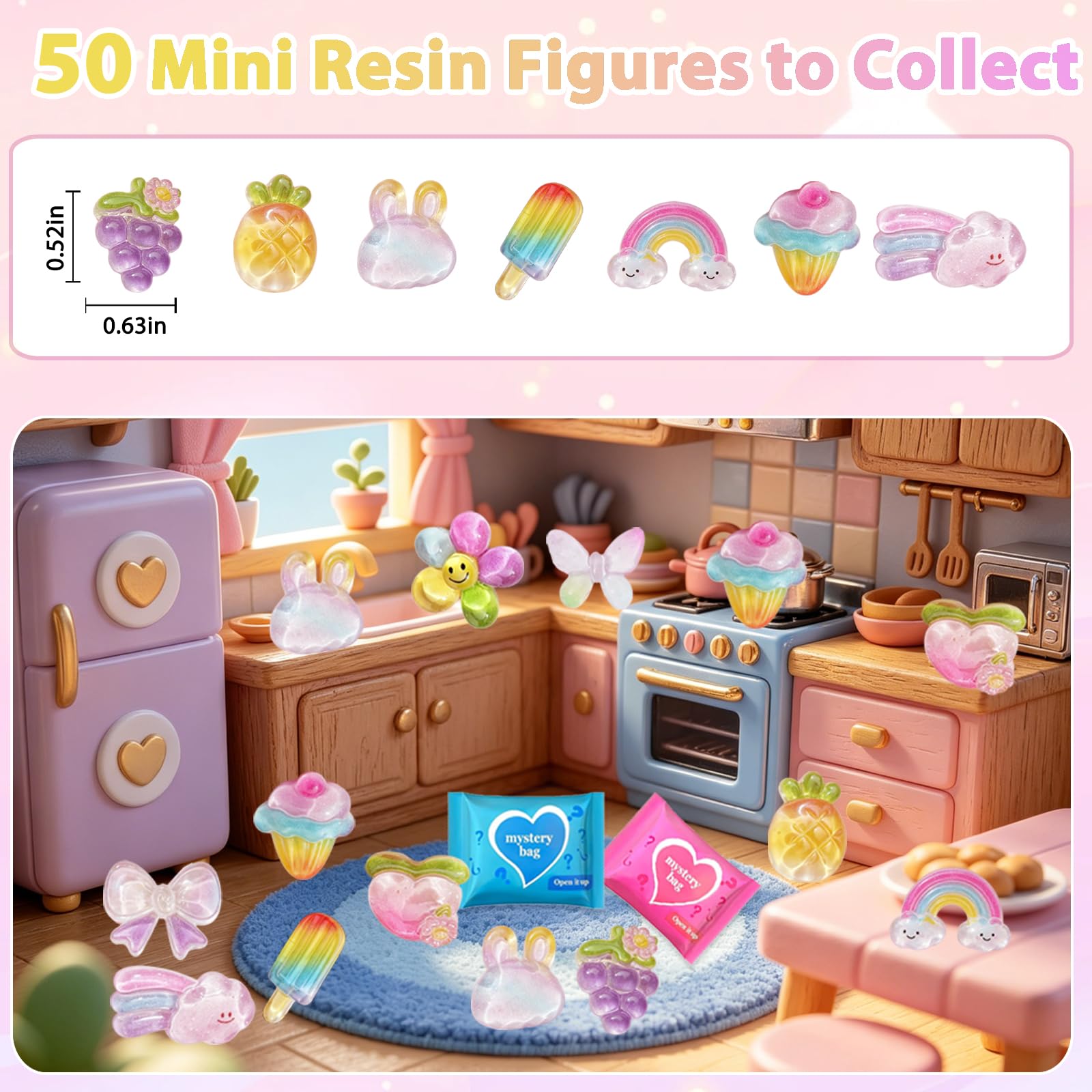 CIYOJA 50pc Rainbow Mystery Blind Bag Set - Colorful Mini Resin Charms & Mini Figures for DIY Slime, Dollhouse, Party Favors