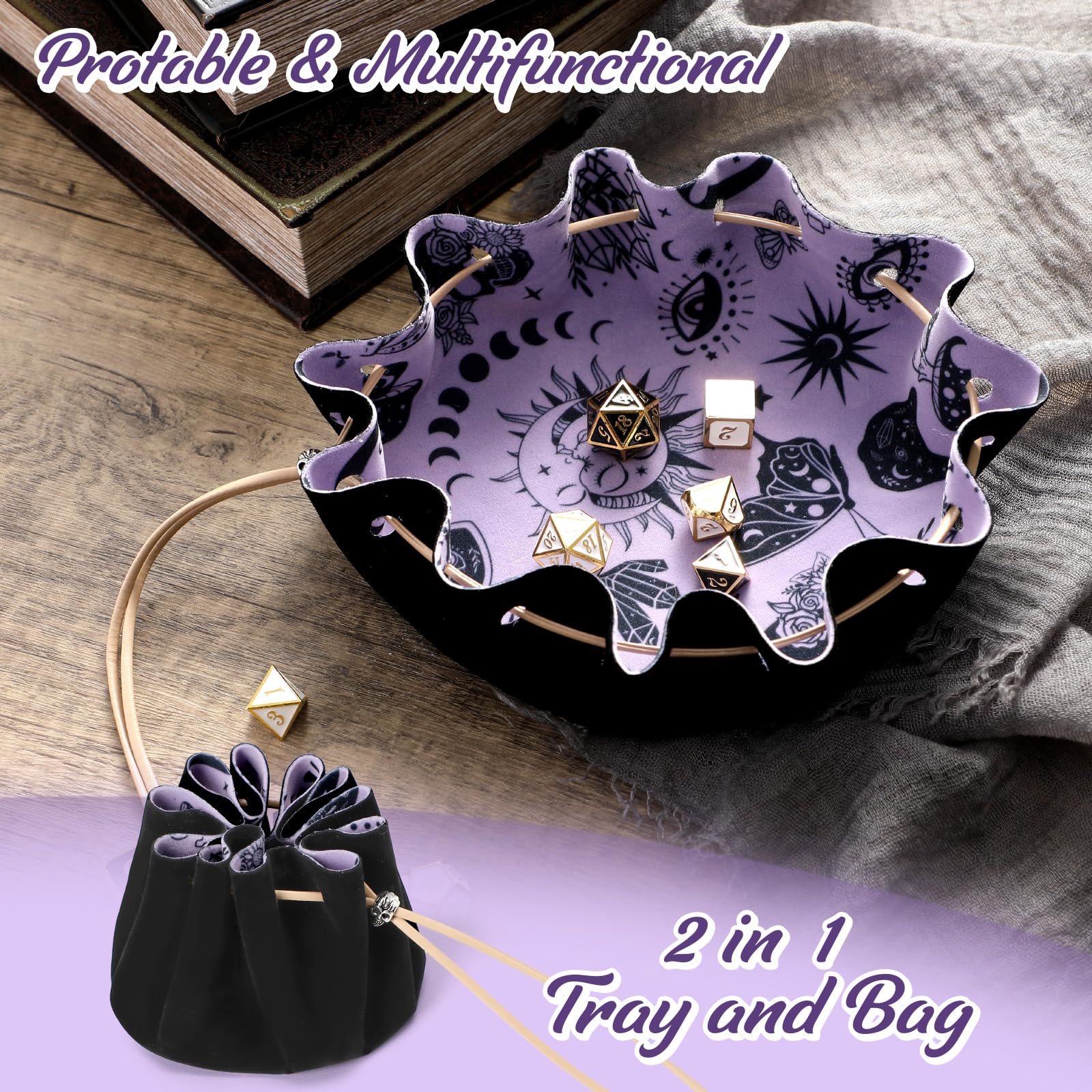 CiyvoLyeen Black Drawstring Dice Bag with Velvet Tray – 9.7-Inch Foldable Round Tray for D&D and Tabletop RPGs