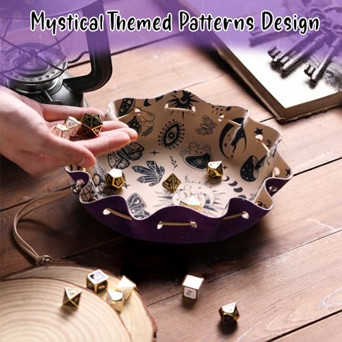 CiyvoLyeen Purple Drawstring Bag & Felt Dice Tray – Mystical Patterns for RPG & Tabletop Gaming