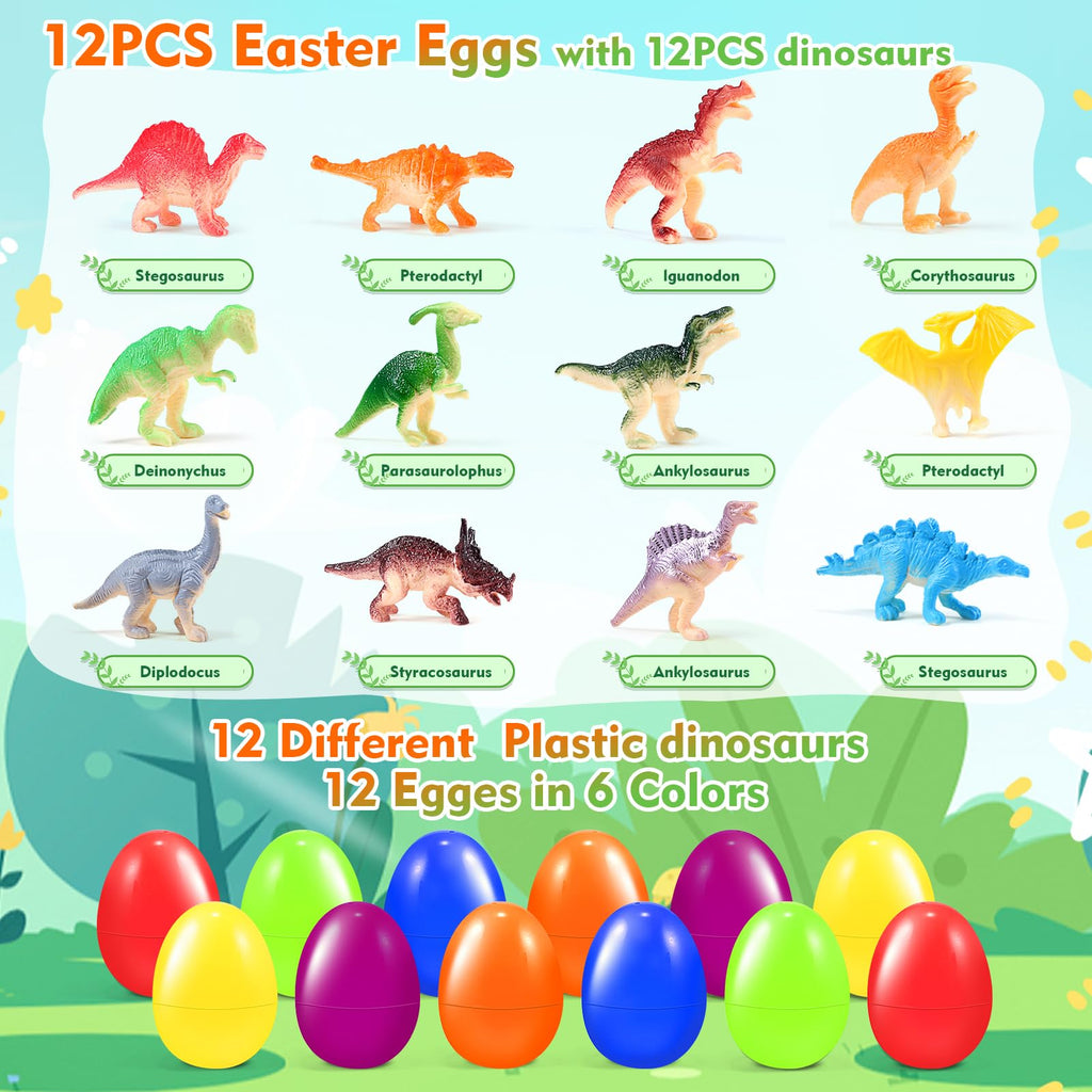 CLAPET 12 Prefilled Easter Eggs with Dinosaur Toys – Easter Basket Stuffers for Kids 3-8
