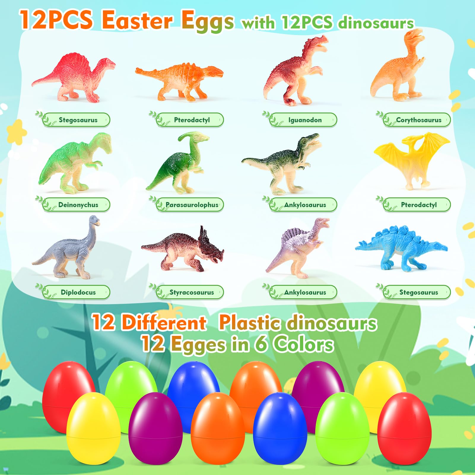 CLAPET 12 Prefilled Easter Eggs with Dinosaur Toys – Easter Basket Stuffers for Kids 3-8