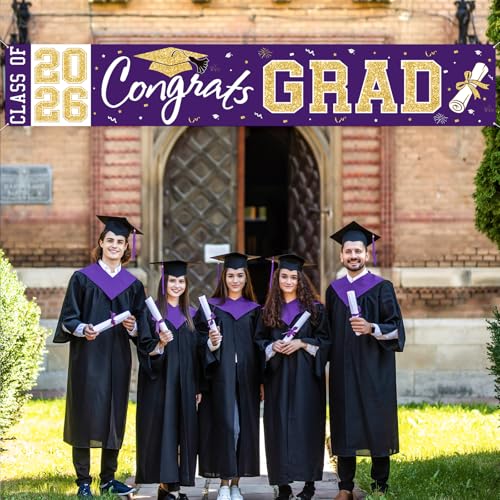 Class of 2026 Graduation Banner - Large Purple Gold Congrats Grad Yard Sign for Party Decorations