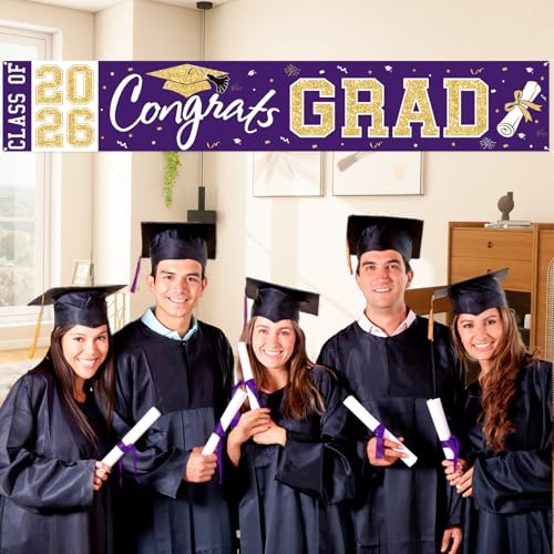 Class of 2026 Graduation Banner - Large Purple Gold Congrats Grad Yard Sign for Party Decorations