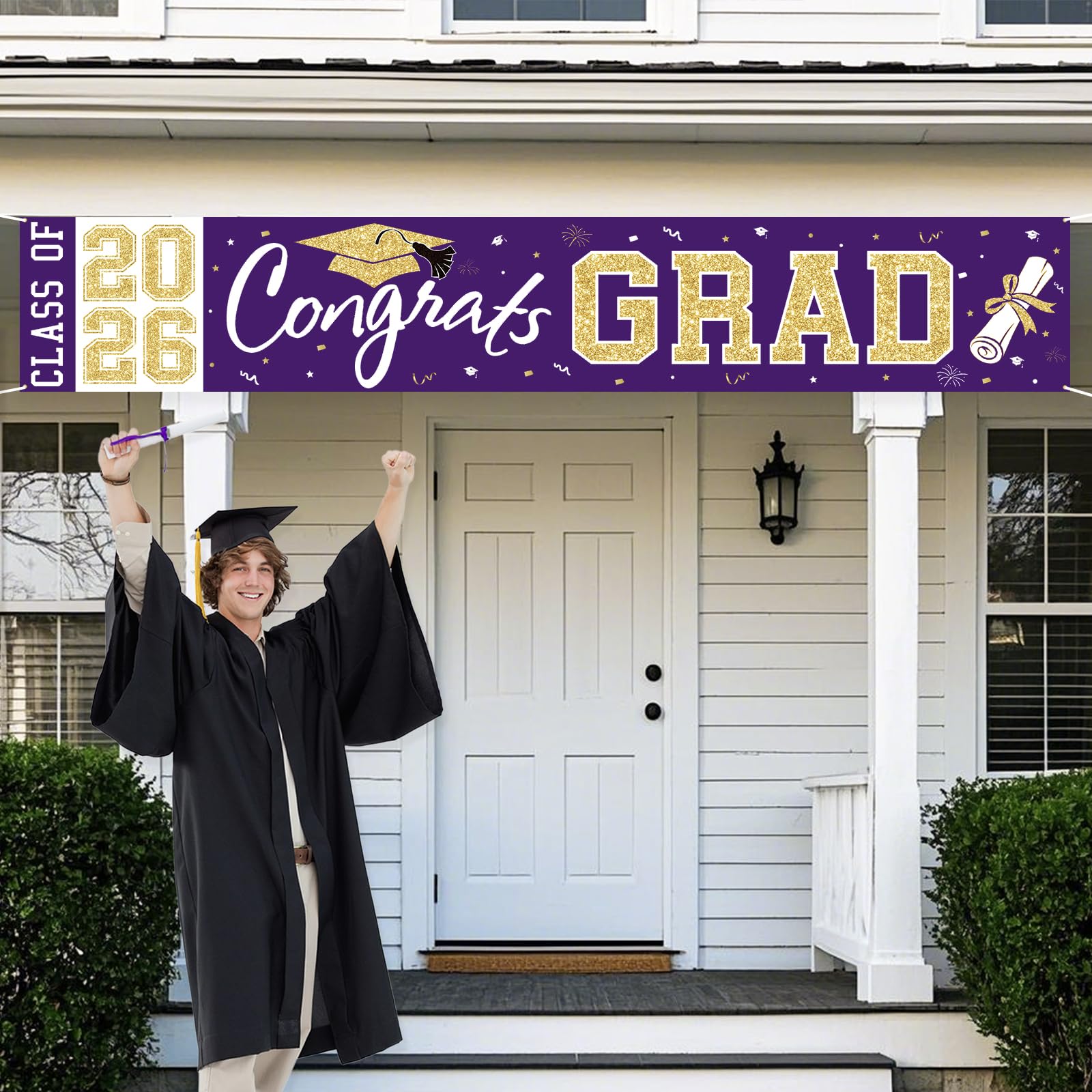 Class of 2026 Graduation Banner - Large Purple Gold Congrats Grad Yard Sign for Party Decorations