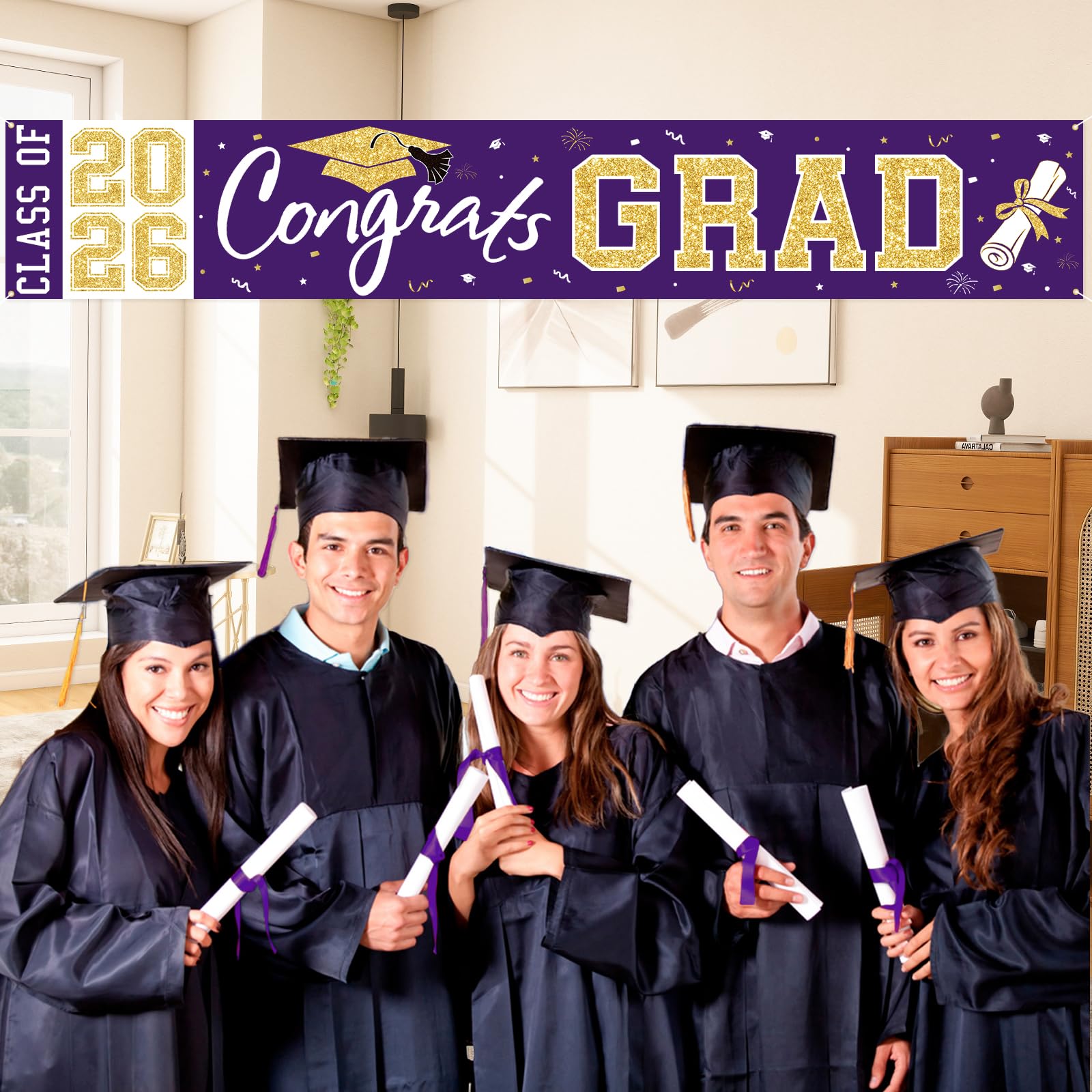 Class of 2026 Graduation Banner - Large Purple Gold Congrats Grad Yard Sign for Party Decorations