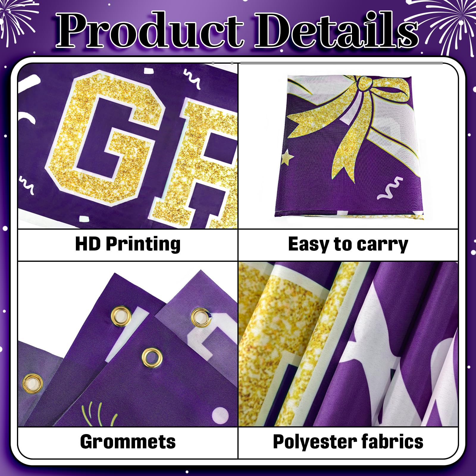 Class of 2026 Graduation Banner - Large Purple Gold Congrats Grad Yard Sign for Party Decorations