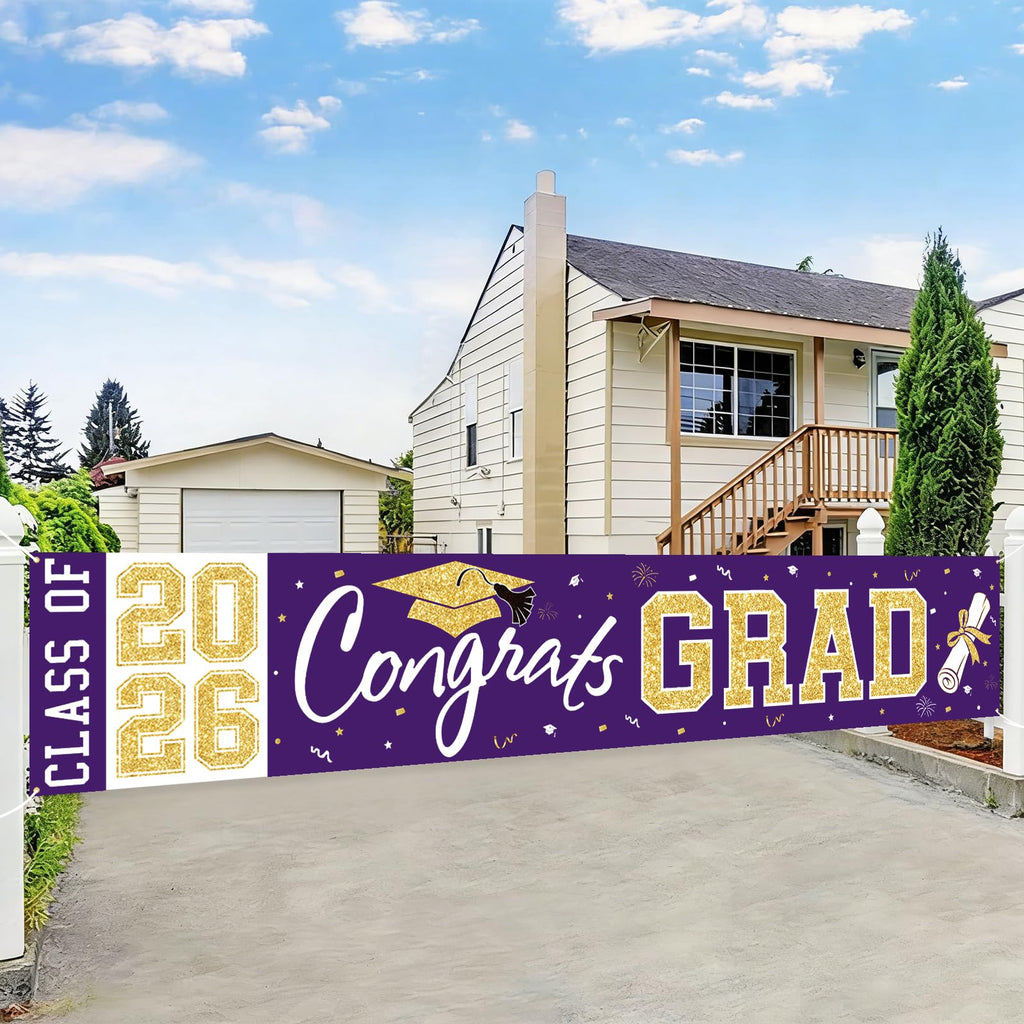 Class of 2026 Graduation Banner - Large Purple Gold Congrats Grad Yard Sign for Party Decorations
