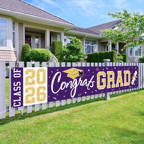 Class of 2026 Graduation Banner - Large Purple Gold Congrats Grad Yard Sign for Party Decorations