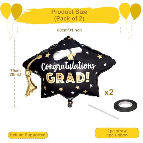 Class of 2026 Graduation Cap Foil Balloons – 2 Pack Large Black with Automatic Sealing