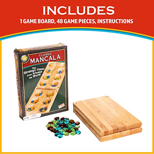 Classic Mancala Board Game – Birch Wood with 48 Glass Stones, for 2 Players Ages 7+