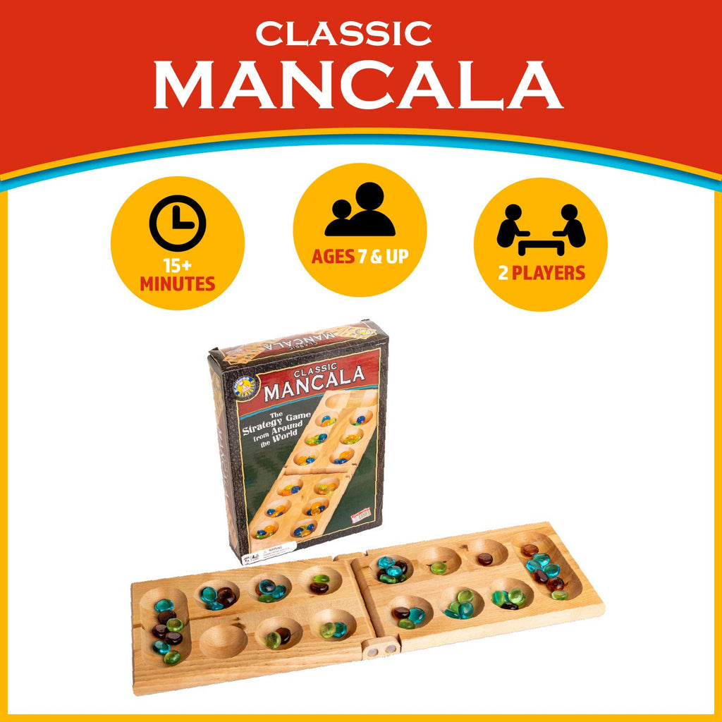 Classic Mancala Board Game – Birch Wood with 48 Glass Stones, for 2 Players Ages 7+
