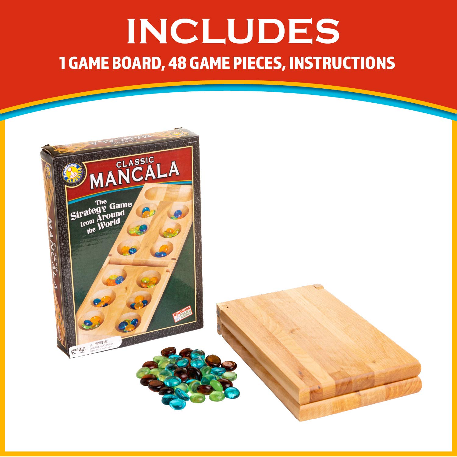 Classic Mancala Board Game – Birch Wood with 48 Glass Stones, for 2 Players Ages 7+