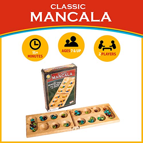 Classic Mancala Board Game – Birch Wood with 48 Glass Stones, for 2 Players Ages 7+
