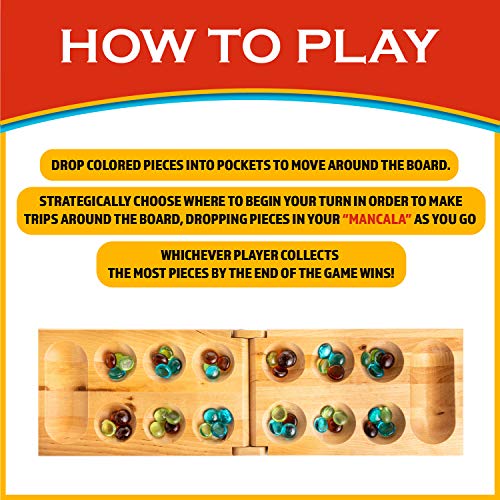 Classic Mancala Board Game – Birch Wood with 48 Glass Stones, for 2 Players Ages 7+