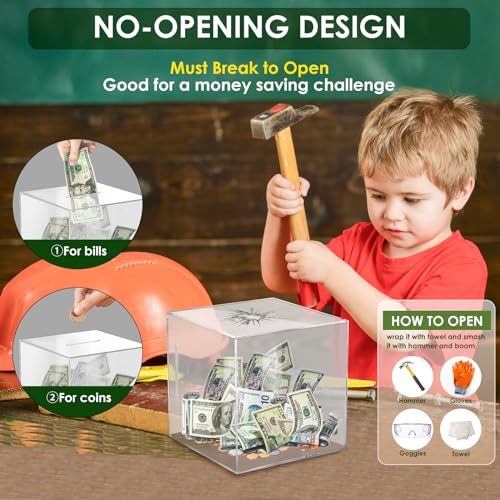 Clear Acrylic Piggy Bank for Adults - Must Break to Open, 1.4L Capacity (12x12 cm)