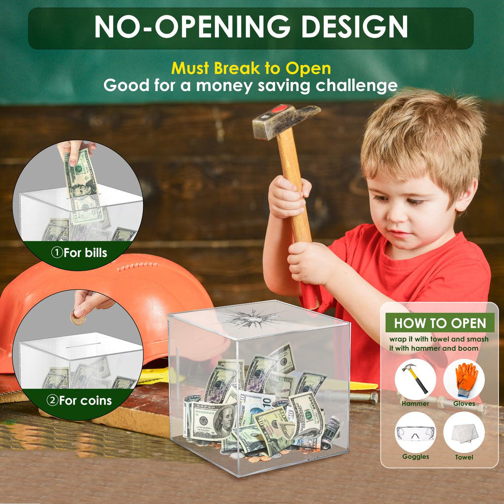 Clear Acrylic Piggy Bank for Adults - Must Break to Open, 1.4L Capacity (12x12 cm)
