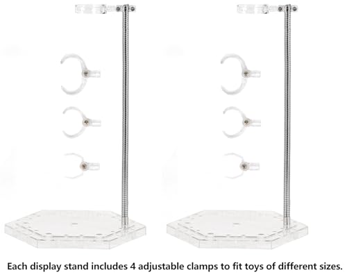 Clear Action Figure Display Stands with Adjustable Metal Support Arm - 2 Pack for 6-Inch Figures, Gundam 1/144, S.H.Figuarts
