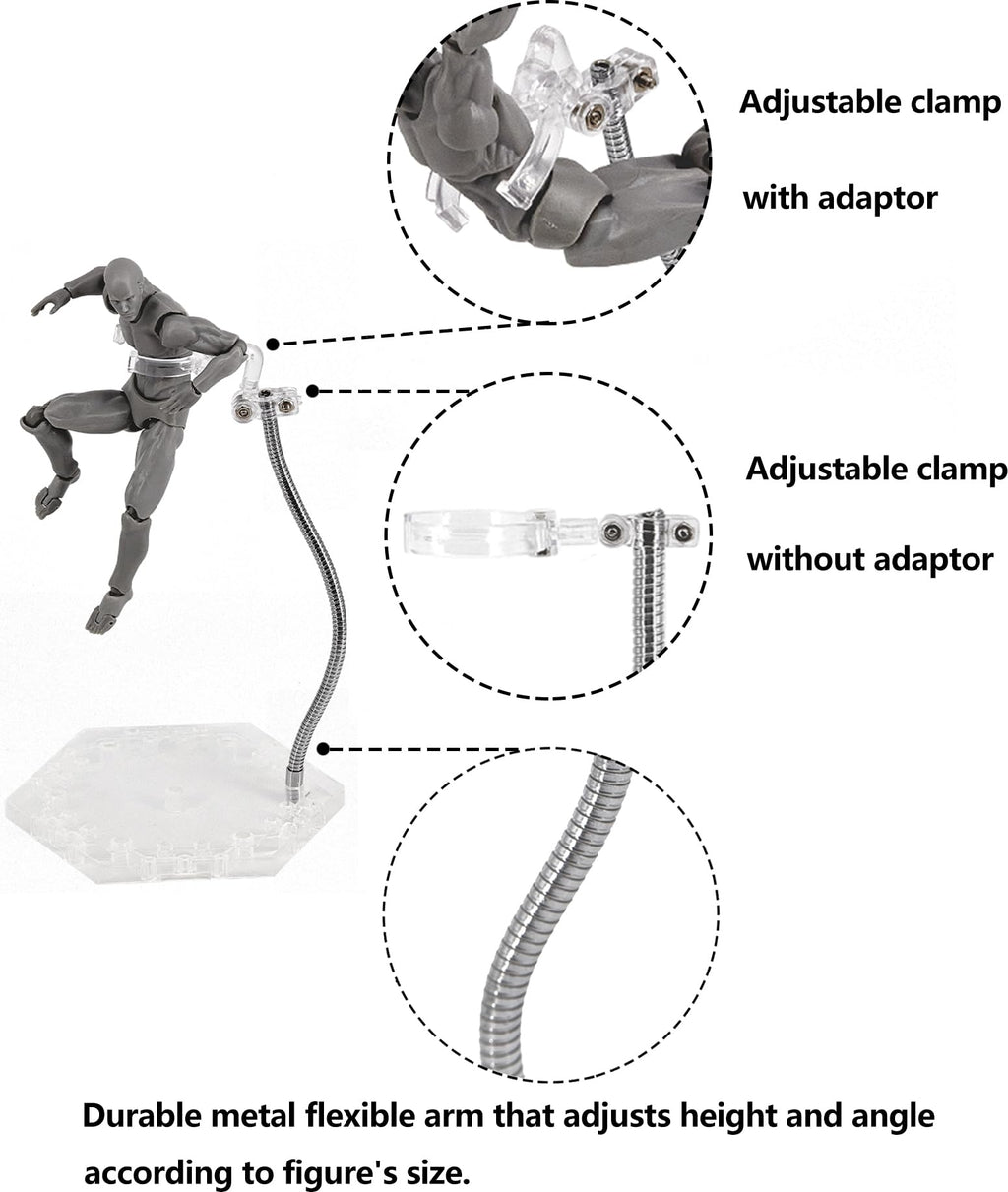 Clear Action Figure Display Stands with Adjustable Metal Support Arm - 2 Pack for 6-Inch Figures, Gundam 1/144, S.H.Figuarts