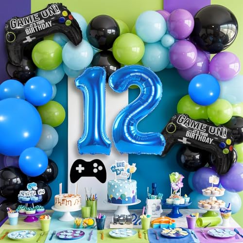 Cledeco 12th Birthday Video Game Balloons Arch Kit – 106-Piece Party Garland with Blue Number 12 Foil Balloon