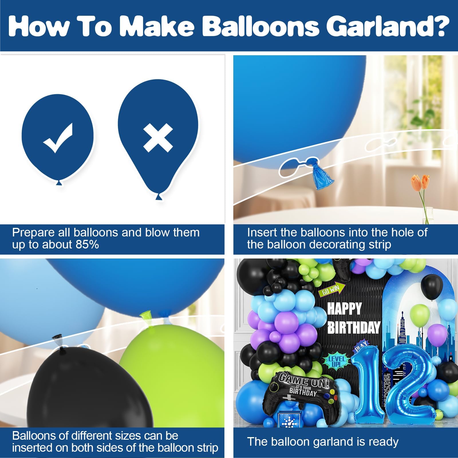 Cledeco 12th Birthday Video Game Balloons Arch Kit – 106-Piece Party Garland with Blue Number 12 Foil Balloon
