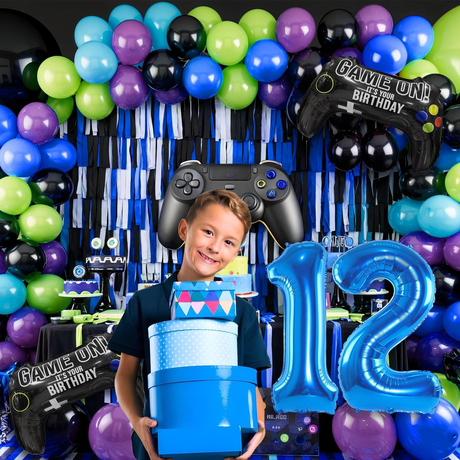 Cledeco 12th Birthday Video Game Balloons Arch Kit – 106-Piece Party Garland with Blue Number 12 Foil Balloon