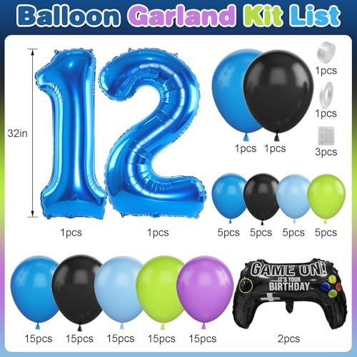 Cledeco 12th Birthday Video Game Balloons Arch Kit – 106-Piece Party Garland with Blue Number 12 Foil Balloon