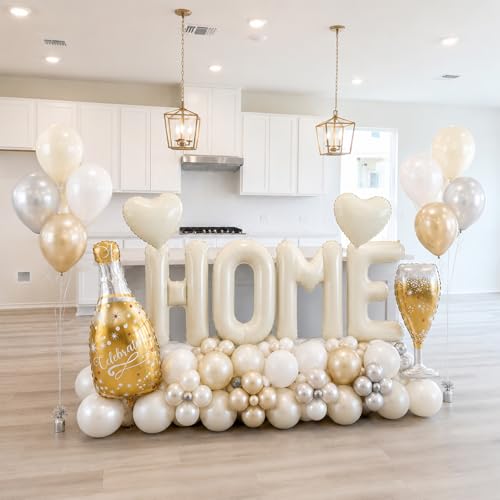 Cledeco 40-Inch Beige HOME Letter Balloons – Housewarming Decor Set with Champagne Bottle & Heart Balloons