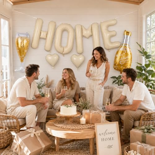 Cledeco 40-Inch Beige HOME Letter Balloons – Housewarming Decor Set with Champagne Bottle & Heart Balloons