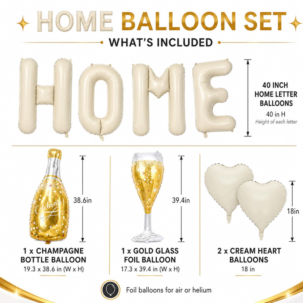 Cledeco 40-Inch Beige HOME Letter Balloons – Housewarming Decor Set with Champagne Bottle & Heart Balloons
