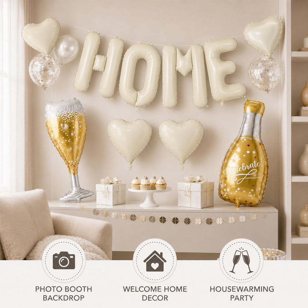 Cledeco 40-Inch Beige HOME Letter Balloons – Housewarming Decor Set with Champagne Bottle & Heart Balloons