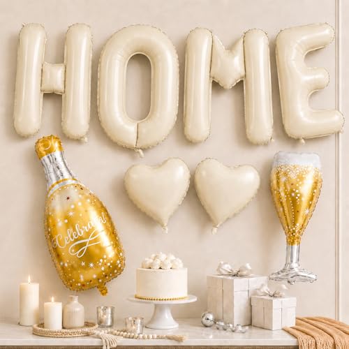 Cledeco 40-Inch Beige HOME Letter Balloons – Housewarming Decor Set with Champagne Bottle & Heart Balloons
