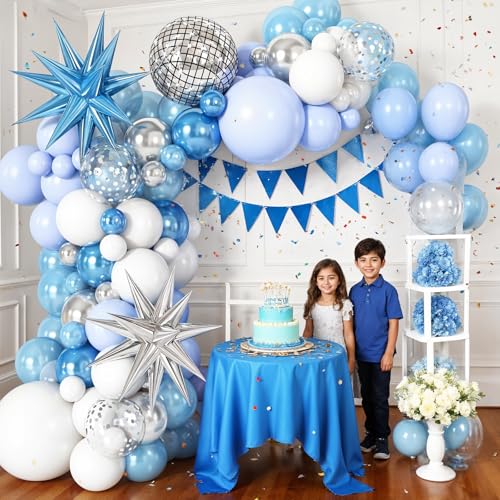 Cledeco Blue White Silver Balloon Arch Garland Kit with Disco Ball and Star Foil Balloons for Disco Birthday and Graduation Parties