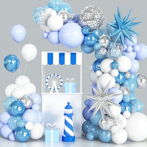Cledeco Blue White Silver Balloon Arch Garland Kit with Disco Ball and Star Foil Balloons for Disco Birthday and Graduation Parties