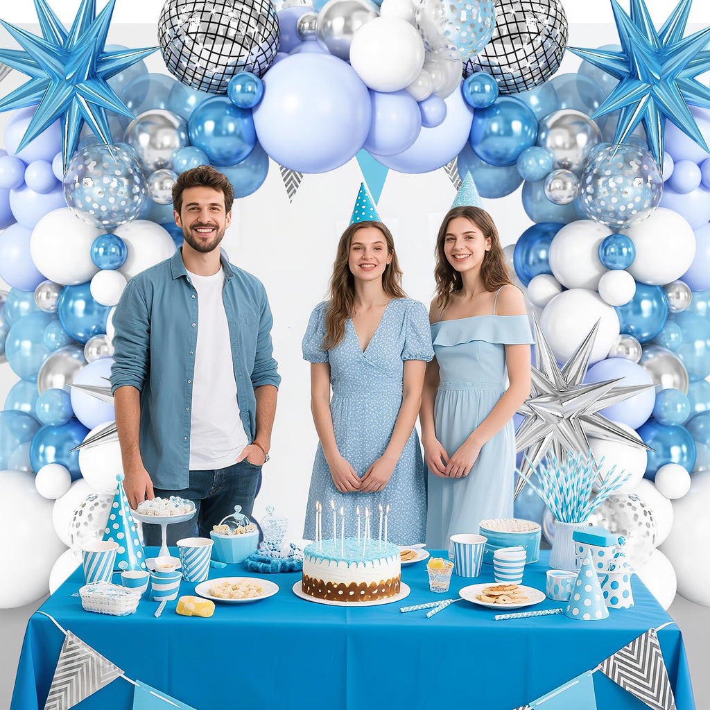 Cledeco Blue White Silver Balloon Arch Garland Kit with Disco Ball and Star Foil Balloons for Disco Birthday and Graduation Parties