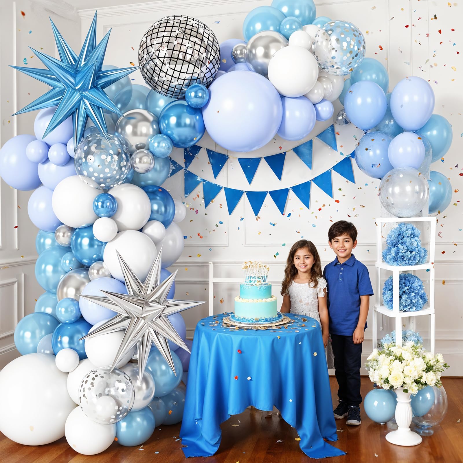 Cledeco Blue White Silver Balloon Arch Garland Kit with Disco Ball and Star Foil Balloons for Disco Birthday and Graduation Parties
