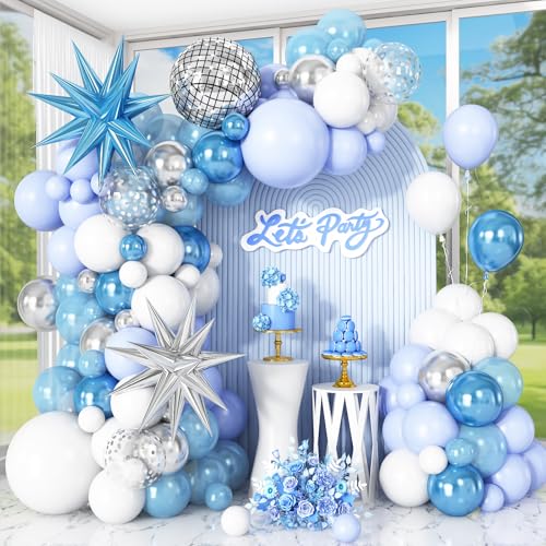 Cledeco Blue White Silver Balloon Arch Garland Kit with Disco Ball and Star Foil Balloons for Disco Birthday and Graduation Parties